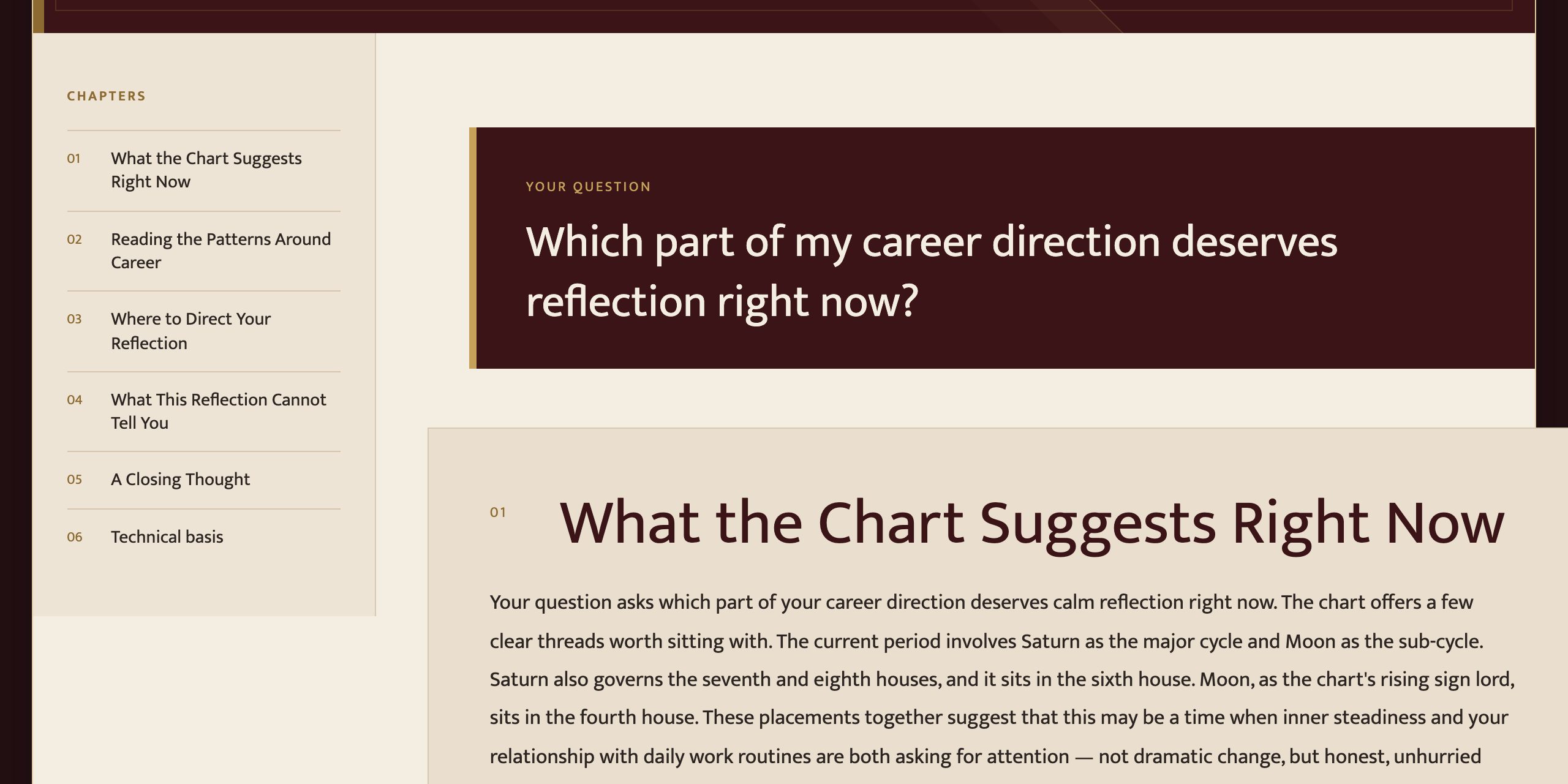 Sample interpretation section: the contents rail with real chapter titles beside readable plain-language paragraphs.