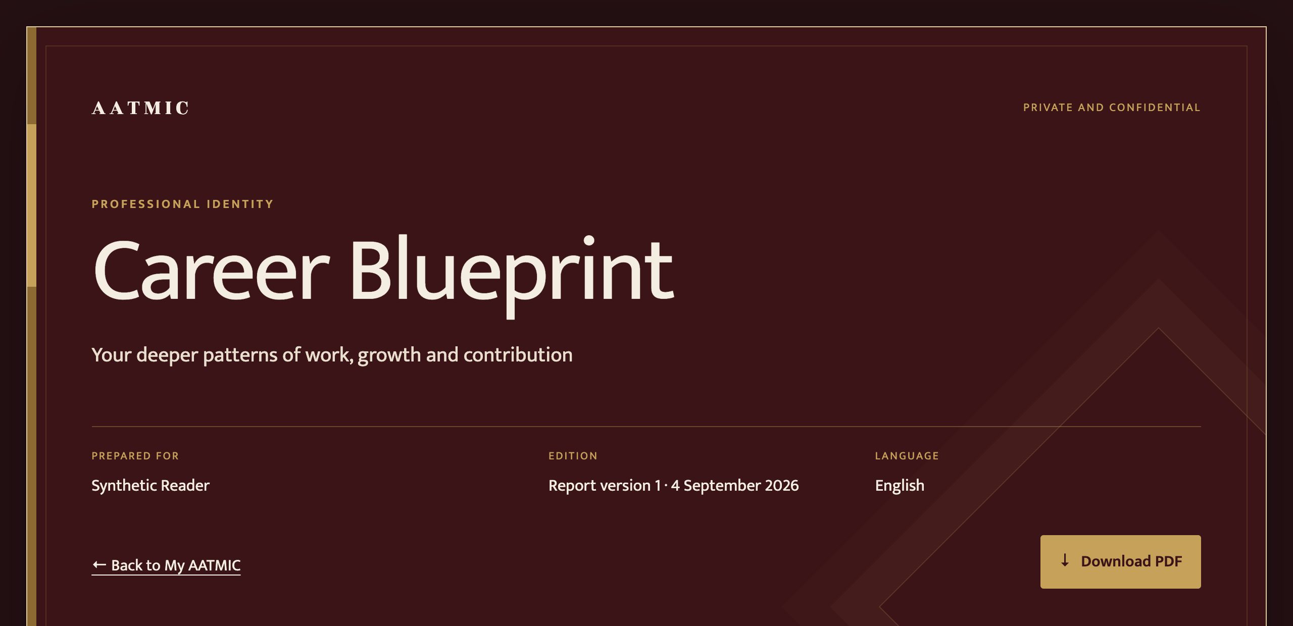 Sample report cover showing the reading name, the language it is written in and the example profile it was calculated from.