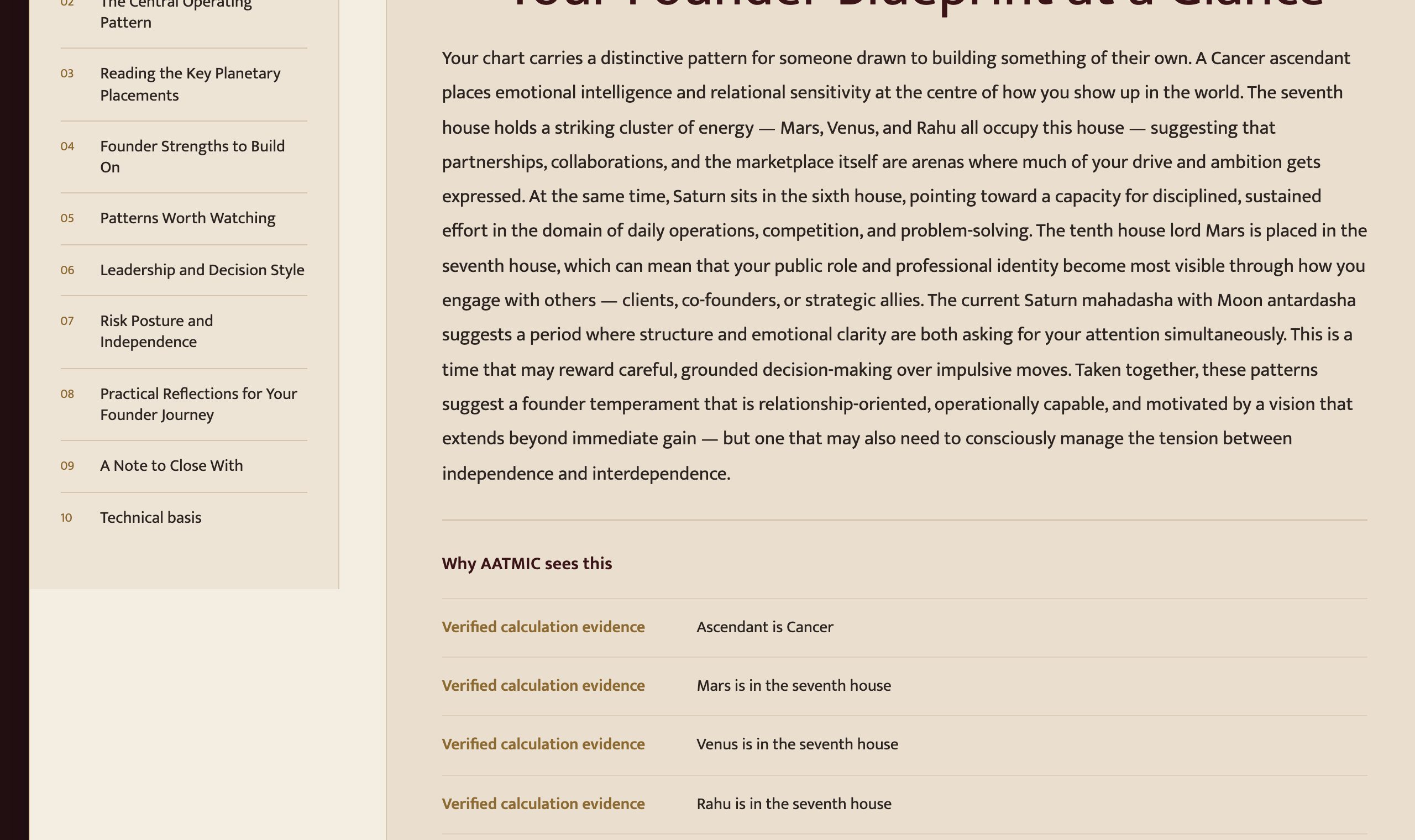 Sample interpretation section: the contents rail with real chapter titles beside readable plain-language paragraphs.