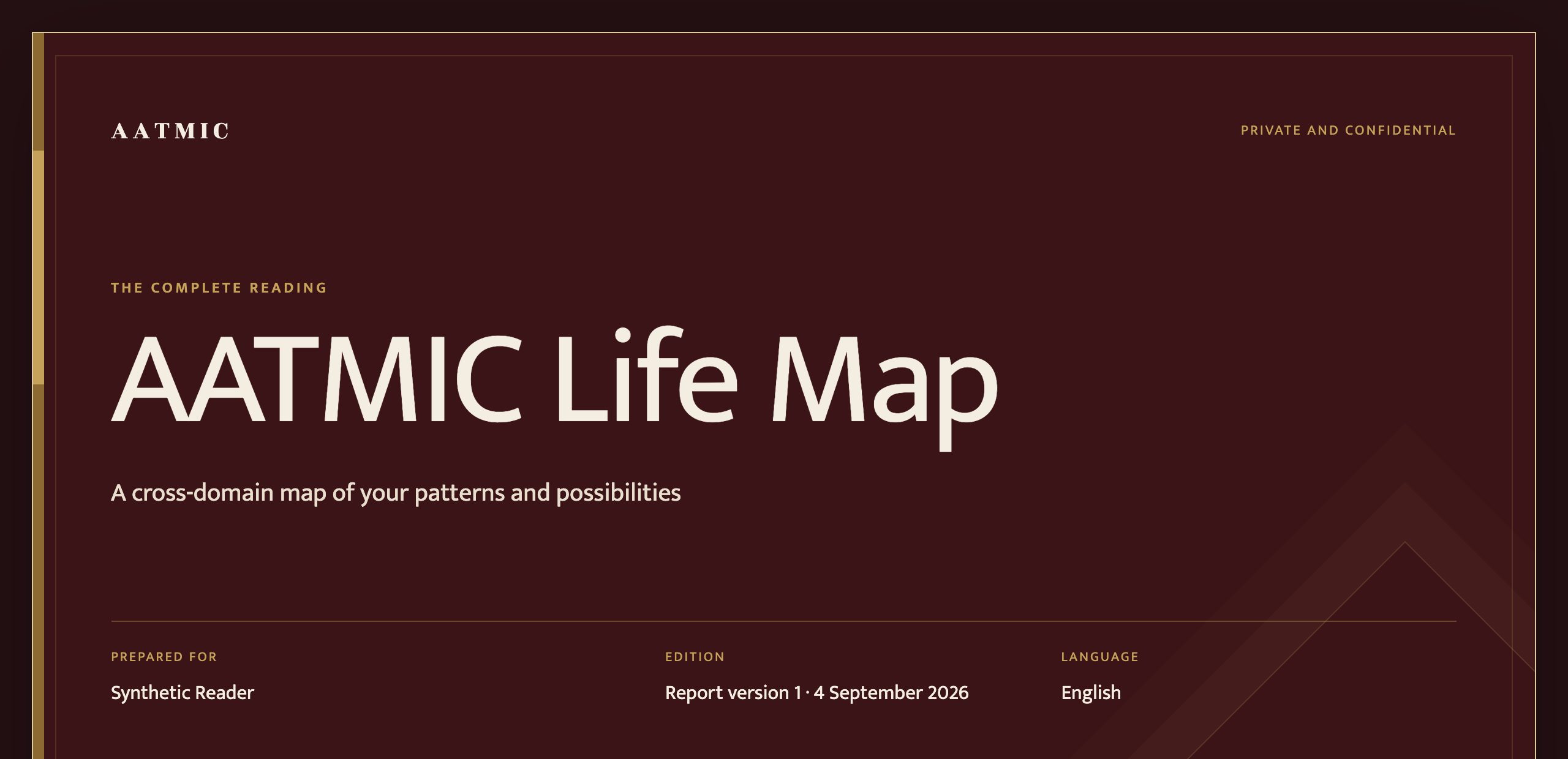 Sample report cover showing the reading name, the language it is written in and the example profile it was calculated from.