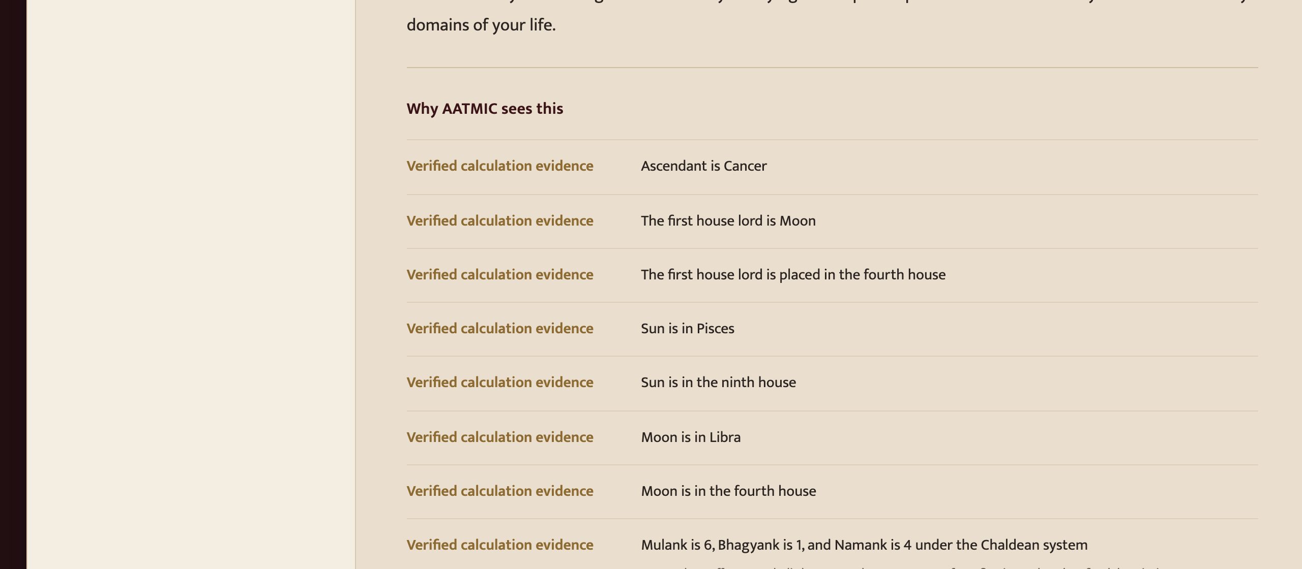 Sample evidence disclosure headed “Why AATMIC sees this”, listing the verified calculation facts behind the interpretation.