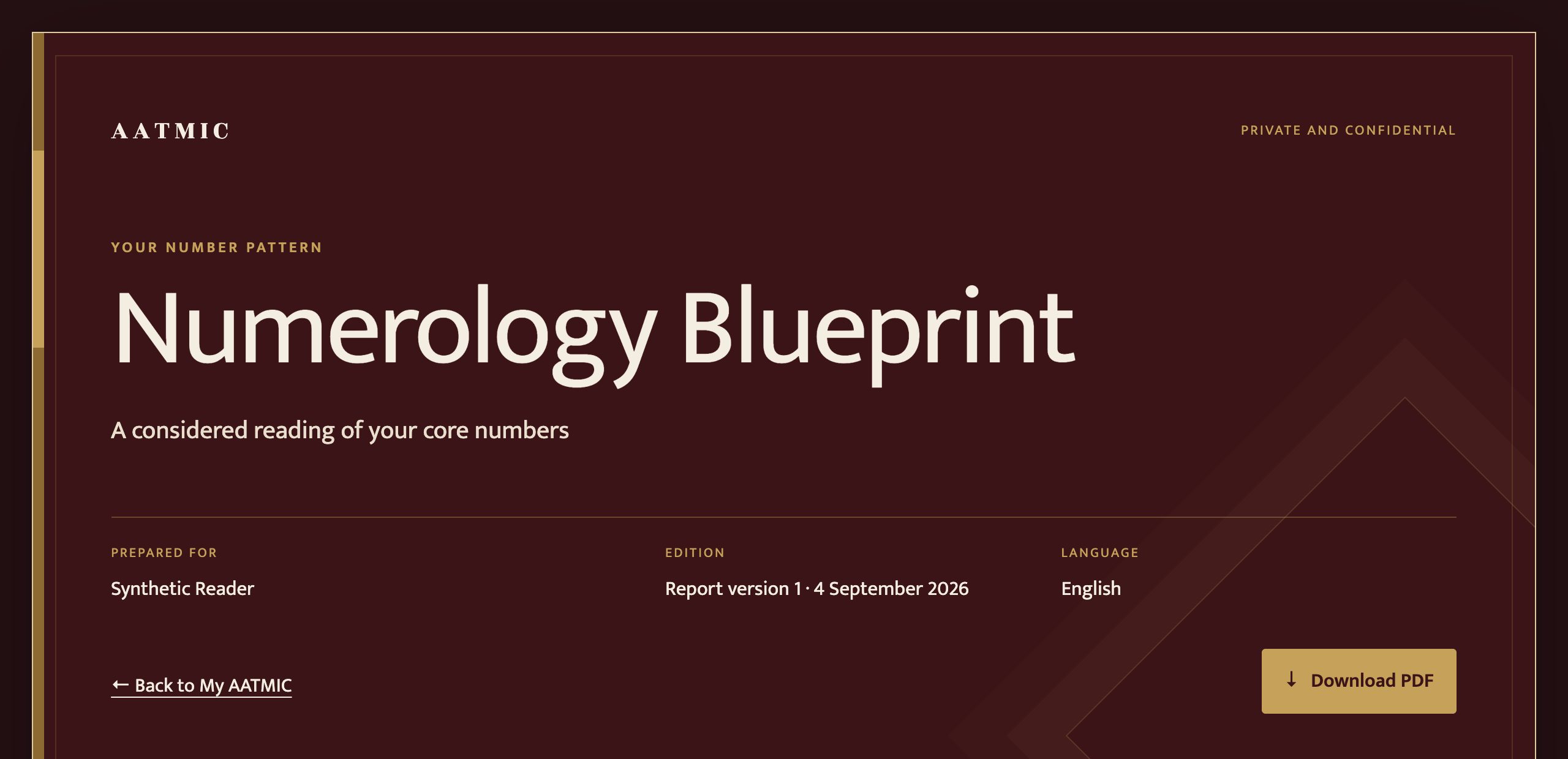 Sample report cover showing the reading name, the language it is written in and the example profile it was calculated from.