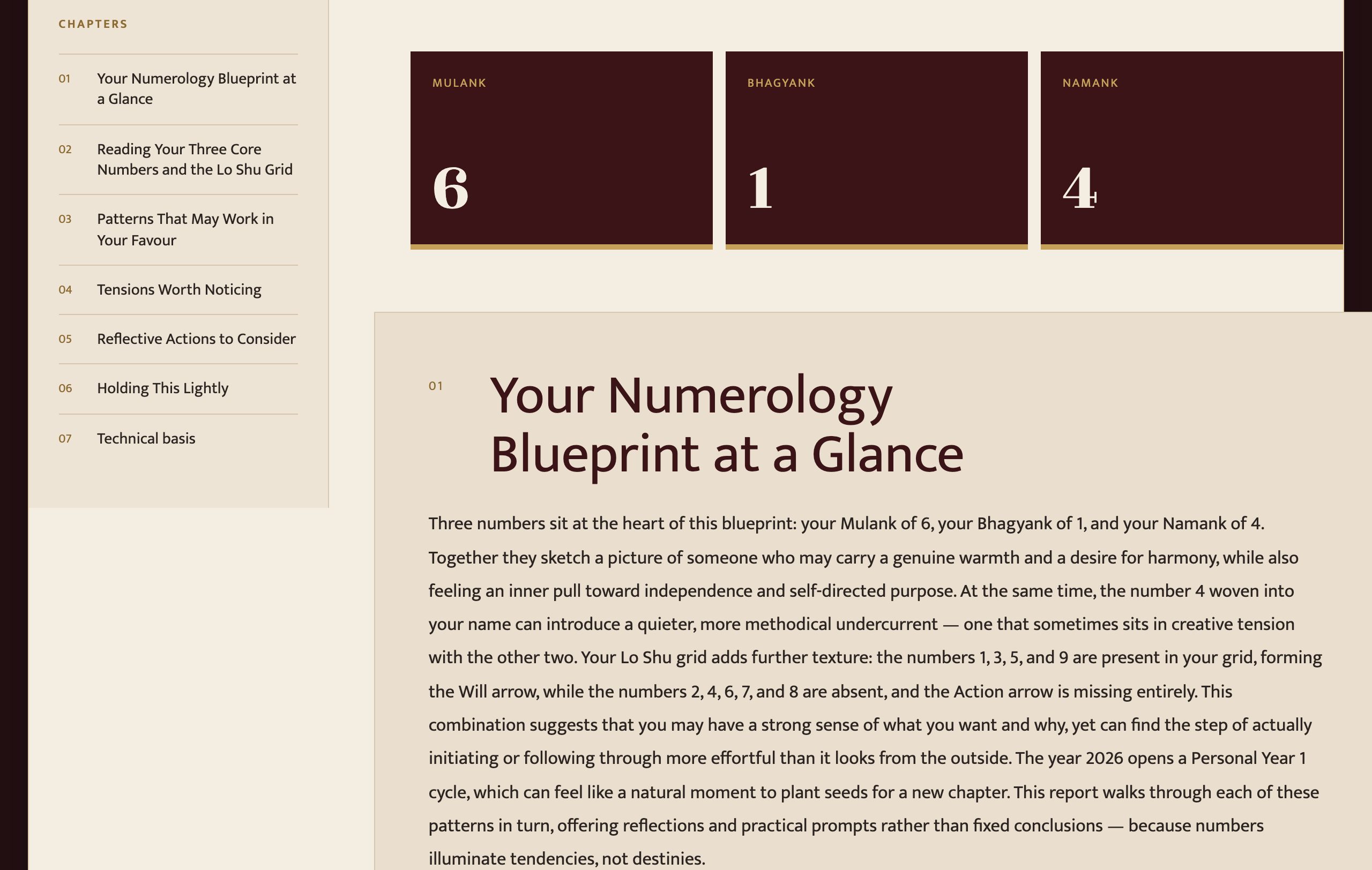 Sample numerology section showing the core numbers and how each was derived.